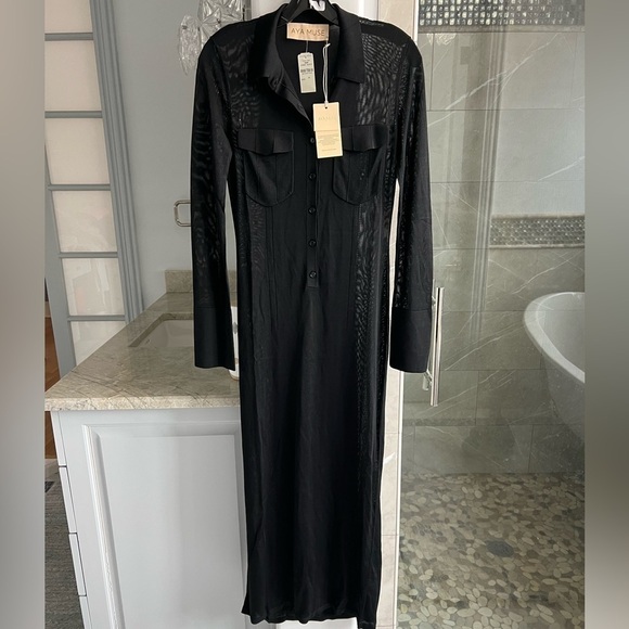 AYA MUSE Amur Mesh Button-Front Collared Maxi Dress Black - Picture 8 of 13